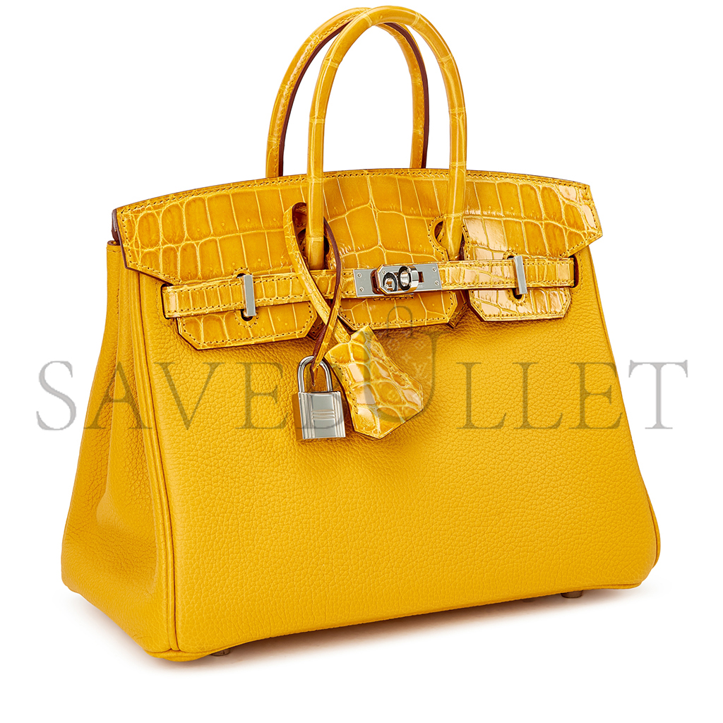 H**mes master birkin 25 crocodile and togo leather amber silver buckle h076216ck22 (25*20*13cm)